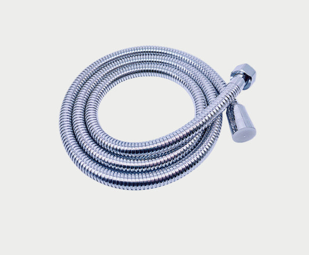 Coiled shower hose with a nozzle on a light gray background