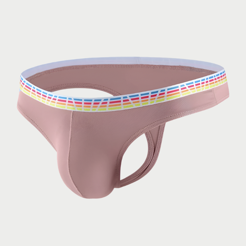 A pink thong underwear with a multicolor striped elastic waistband.