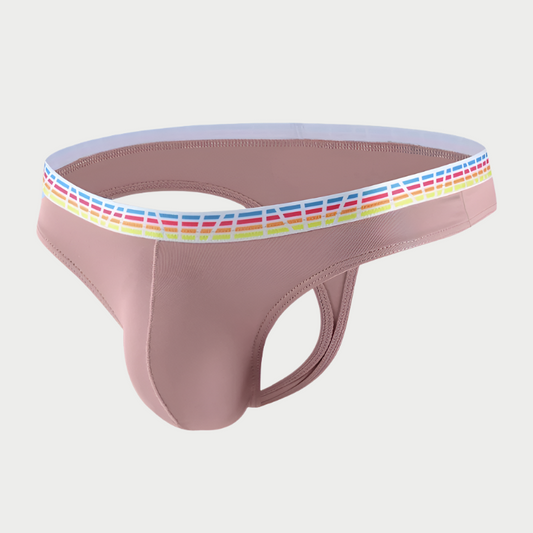 A pink thong underwear with a multicolor striped elastic waistband.