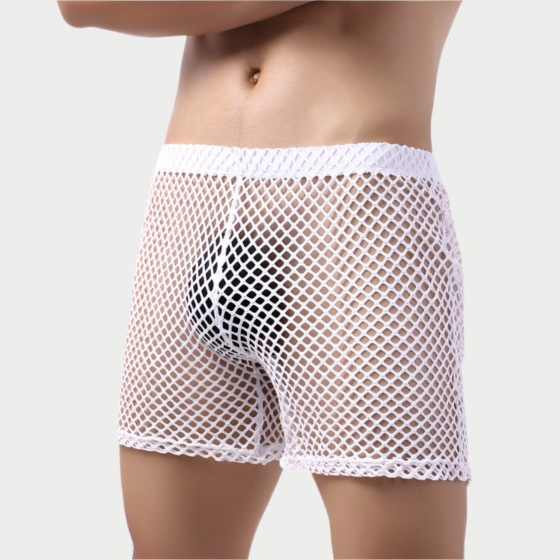 This image features a pair of men's Mesh Fishnet Midway Shorts, designed with a stylish and bold polyester material. The shorts are crafted in a distinctive fishnet pattern, providing a visually appealing, open-weave look.