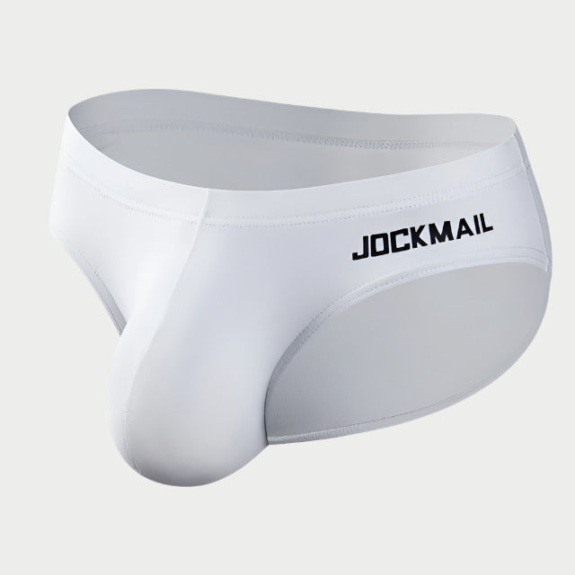 A pair of black cotton jock briefs with the brand name 'JOCKMAIL' printed on the front.