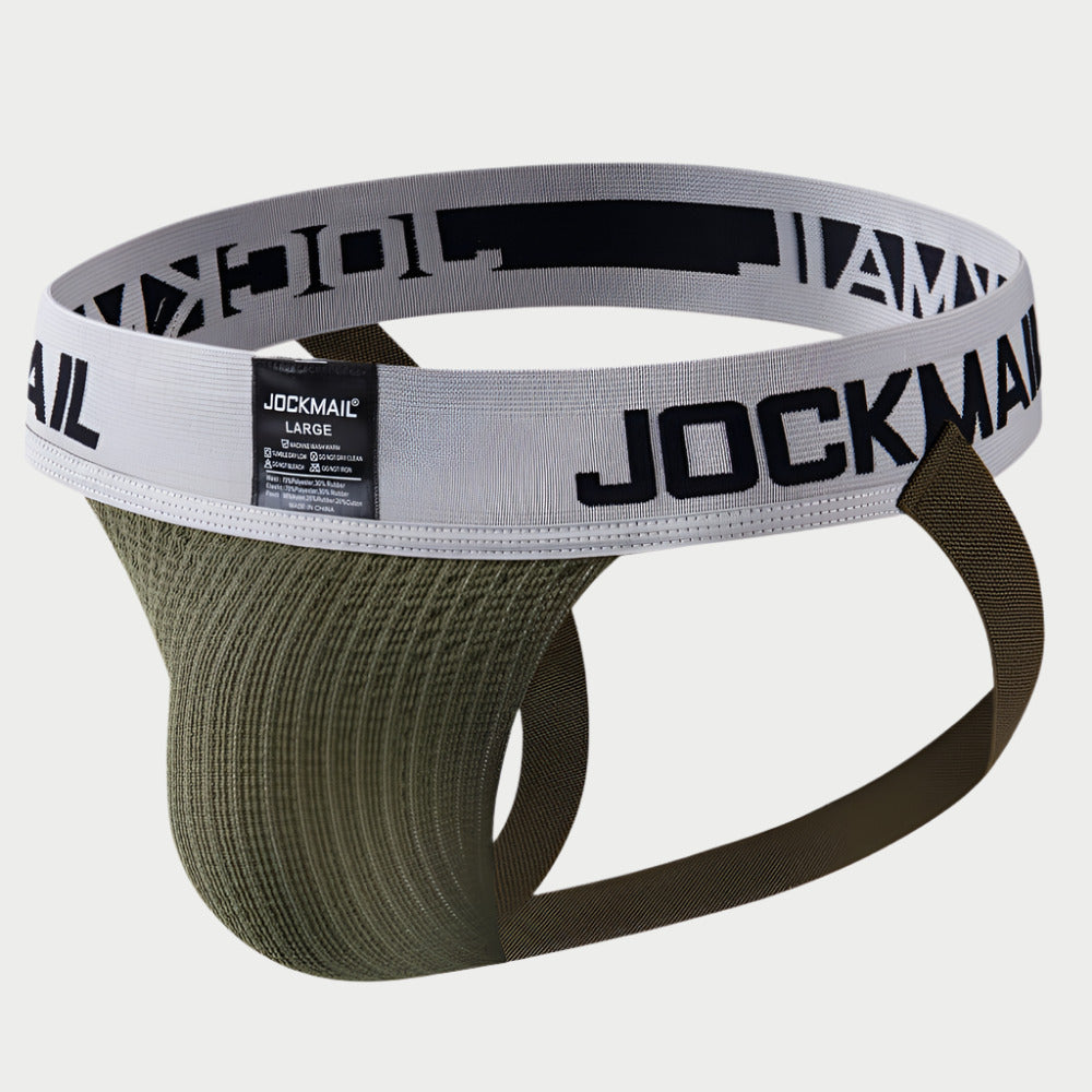 A green and beige sports jockstrap with an elastic waistband featuring the brand name 'Jockmail'.