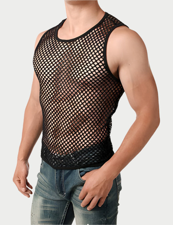 A man wearing a black mesh net vest with short sleeves.