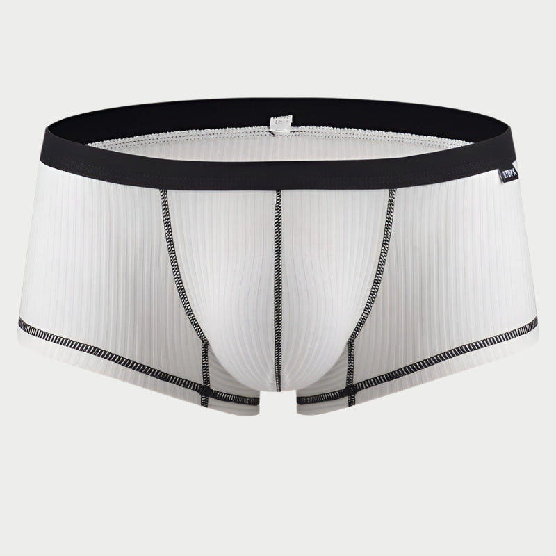 White viscose trunks with a drawstring waistband and a small brand logo on the front.
