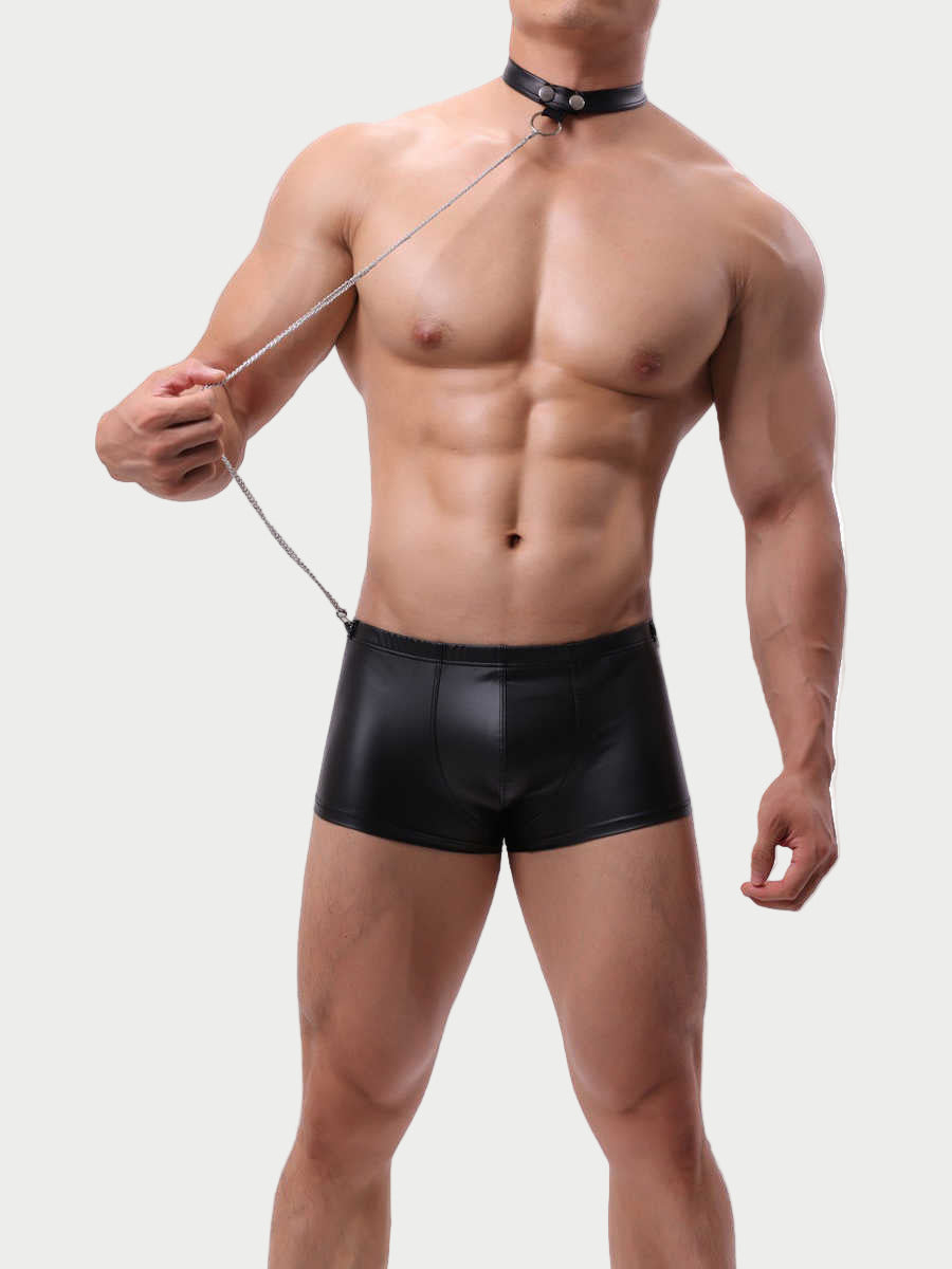 Leather Boxer Briefs with Collar & Leash Set