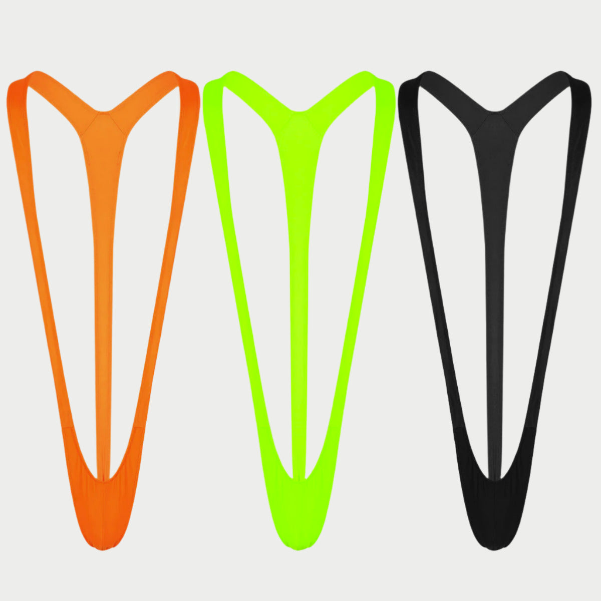 Three mankini bodysuits in orange, green, and black colors positioned side by side.