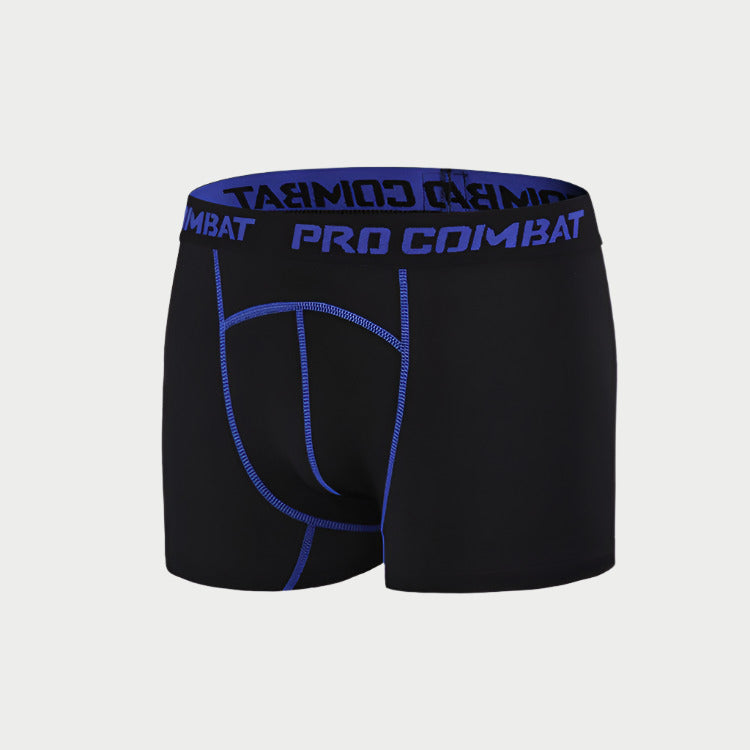 A pair of black compression boxer briefs with blue accents and a branded elastic waistband.