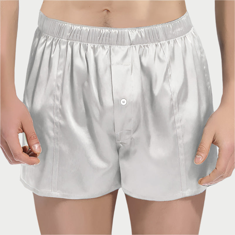 This image displays a pair of Mulberry Pure Silk Boxers, characterized by their sleek black color. The boxers are crafted from high-quality 100% Mulberry Silk, offering a luxurious softness and breathability that enhances comfort and soothes the skin.