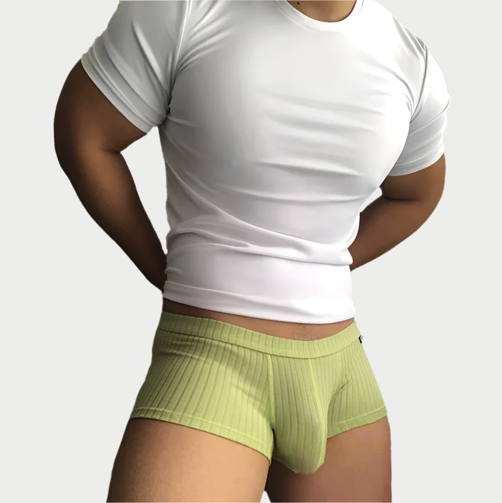 A model wearing a white t-shirt and green striped boxer briefs.