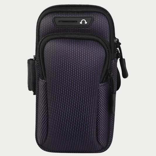 A black and blue dotted ankle/arm bag with zipper closure and a strap.