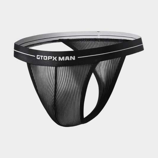 A black thong underwear with a wide elastic waistband displaying the text 'GX-MAN'.