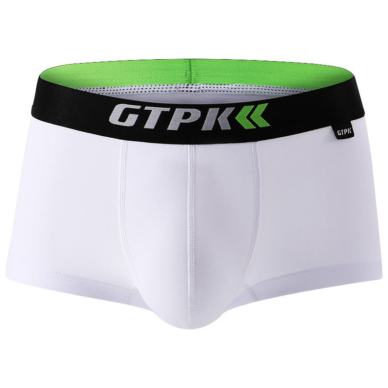 White boxer briefs with a green and black waistband featuring 'GTPK' branding on a white background.