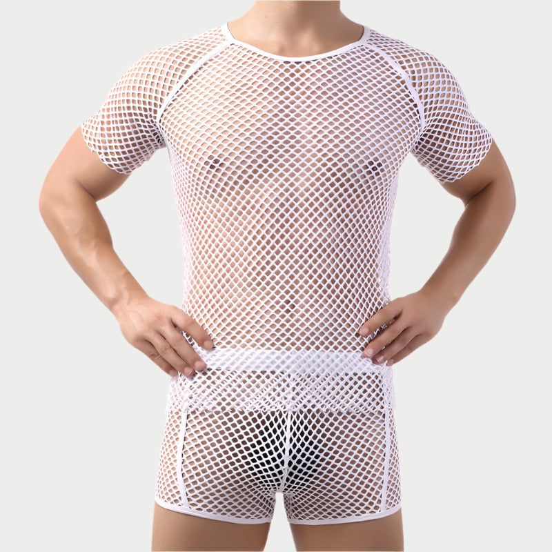 A man wearing a white mesh fishnet top with a V-neck collar.