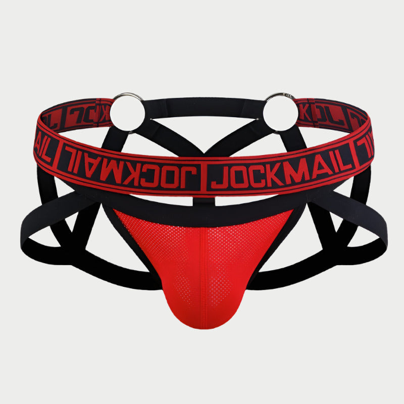 A red mesh jockstrap with black straps and rings, featuring a logo on the front.