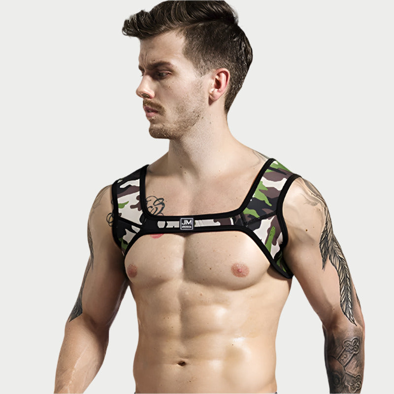 A model wearing a camouflaged shoulder harness.