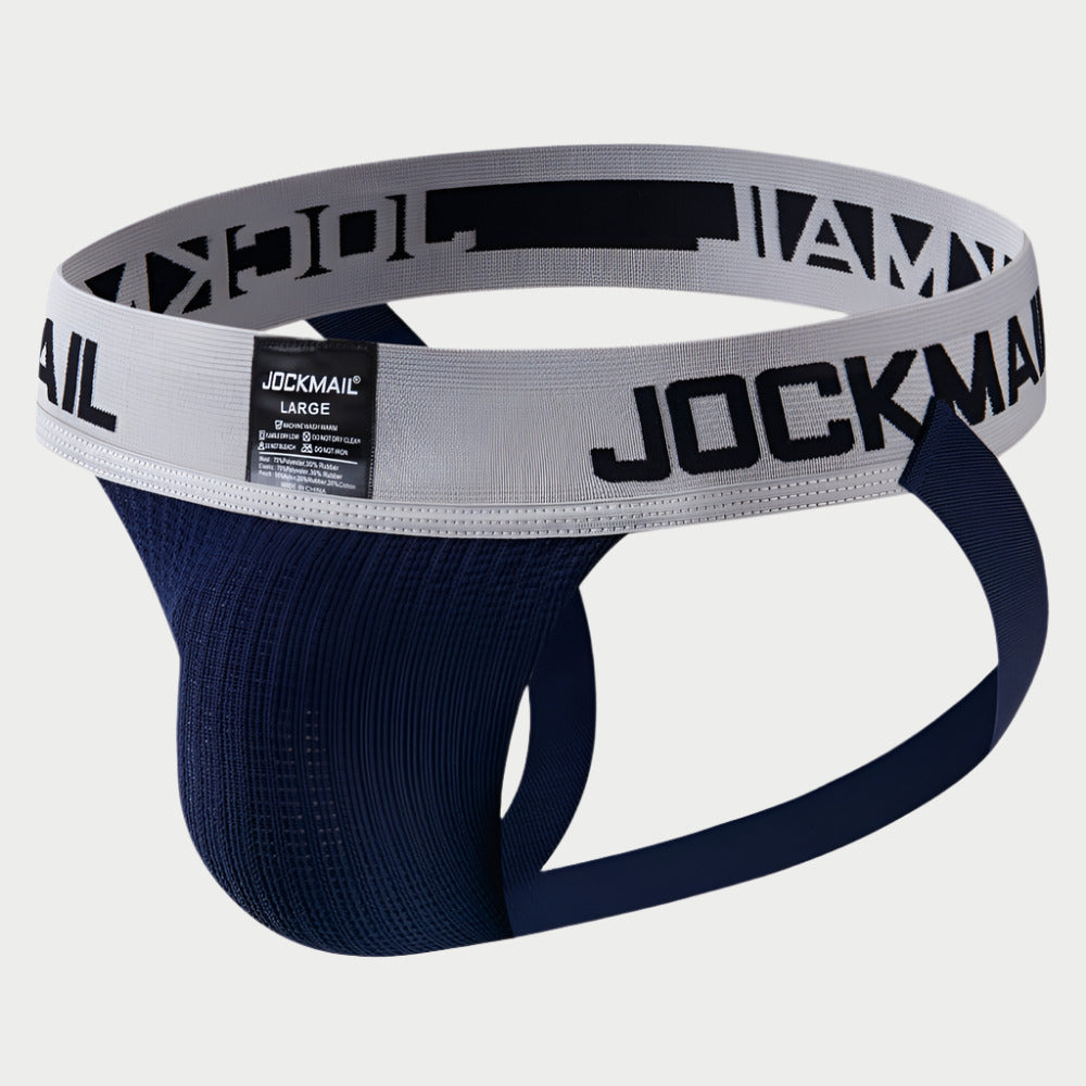 A navy blue and gray Jockmail jockstrap with a branded elastic waistband.