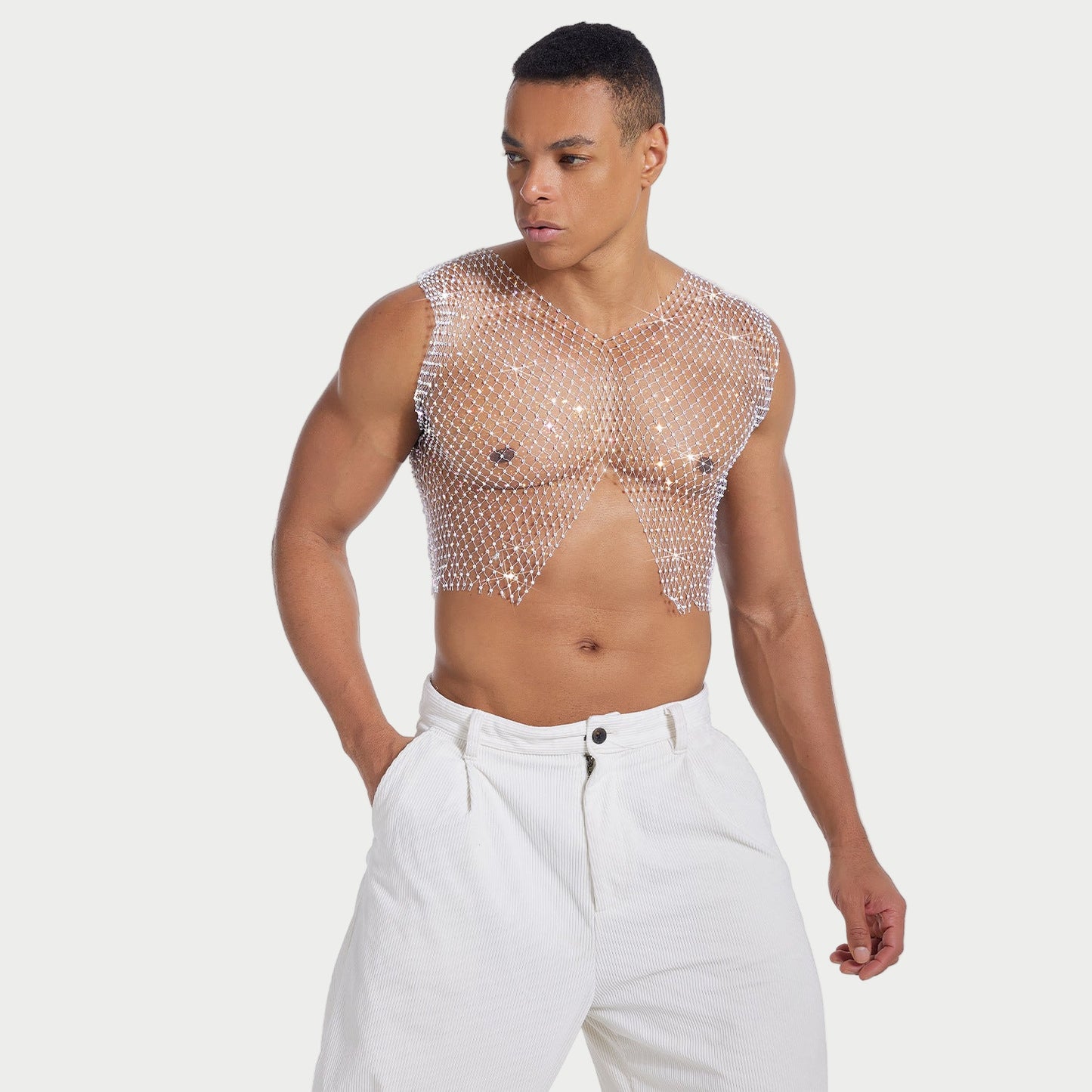 Rhinestone V-Cut Mesh Top