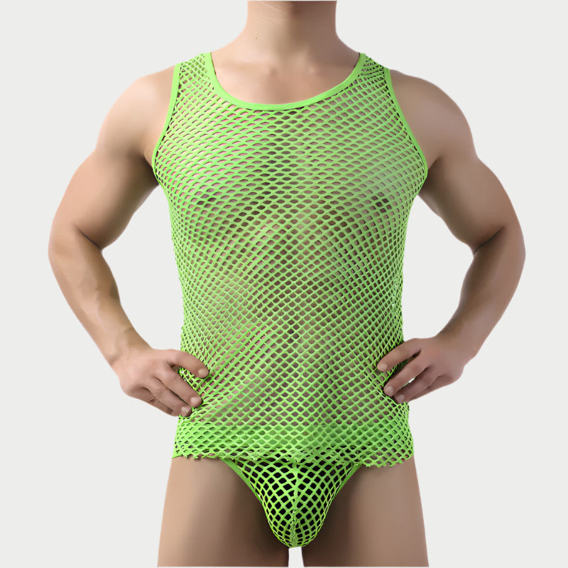 Person wearing a green fishnet swimsuit on a plain background
