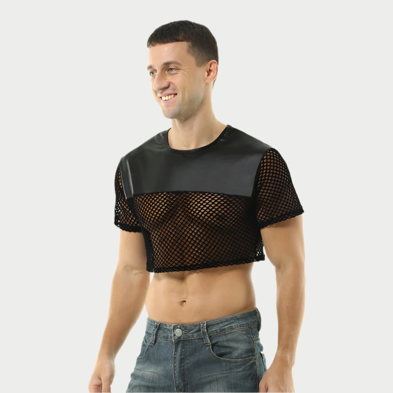 Leather Cropped Mesh Top