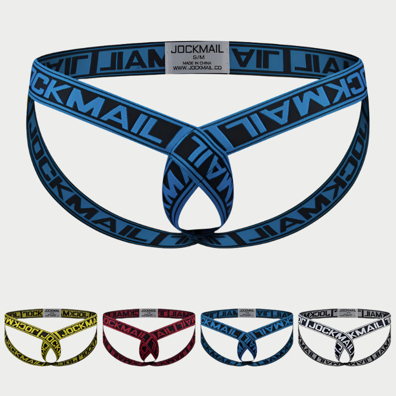 A collection of jockstraps in various colors, each featuring a wide elastic waistband with the brand name 'JOCKMAIL' repeated across it.