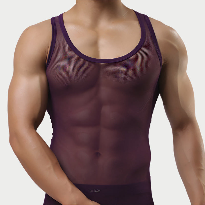 A male model wearing a purple mesh transparent tank top vest.