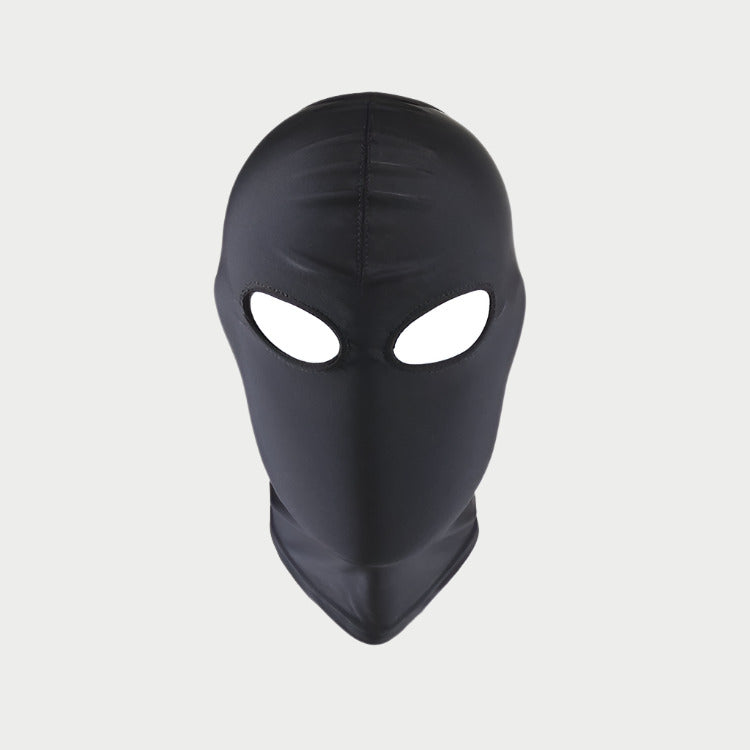 Black full-face mask with eye holes on a white background