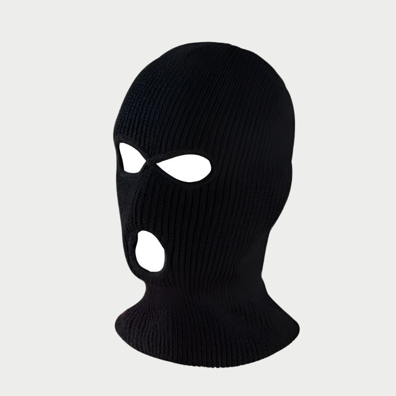 A black knitted balaclava ski mask with eye holes