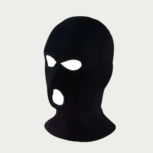 A black knitted balaclava ski mask with eye holes