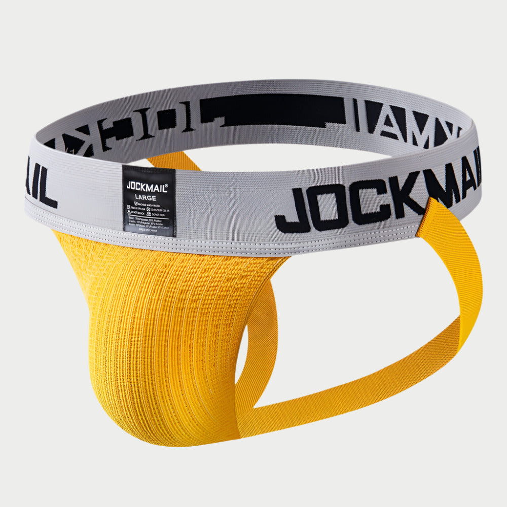 A yellow and gray sports jockstrap with a branded elastic waistband.