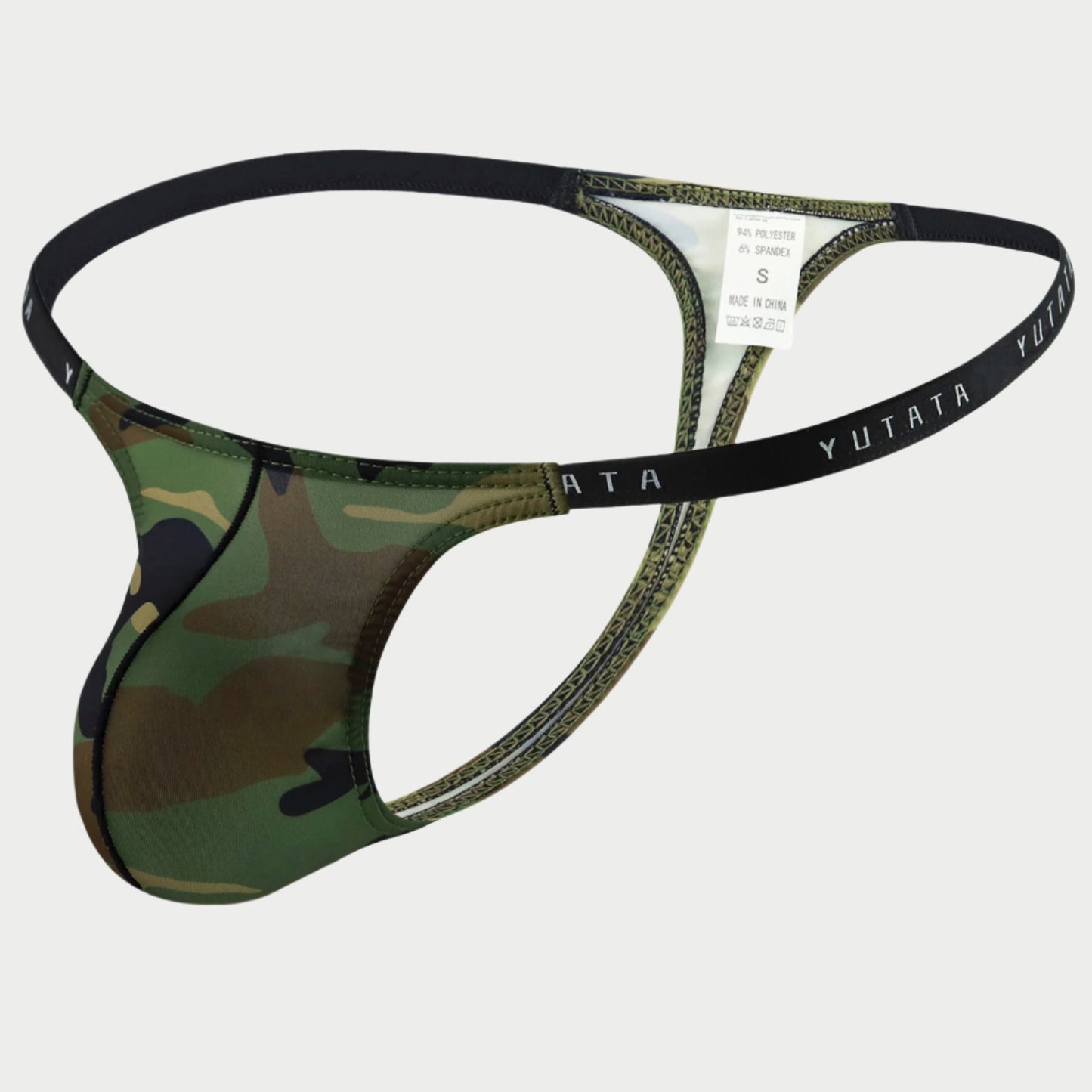 Camo print thin-band thong underwear by Yutata.
