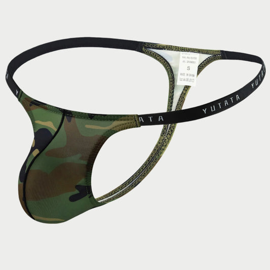 Camo print thin-band thong underwear by Yutata.