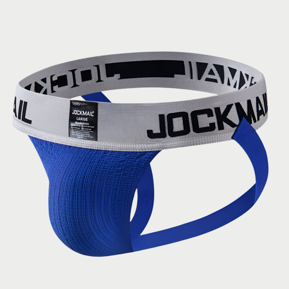 A blue and gray sports jockstrap with a branded elastic waistband.