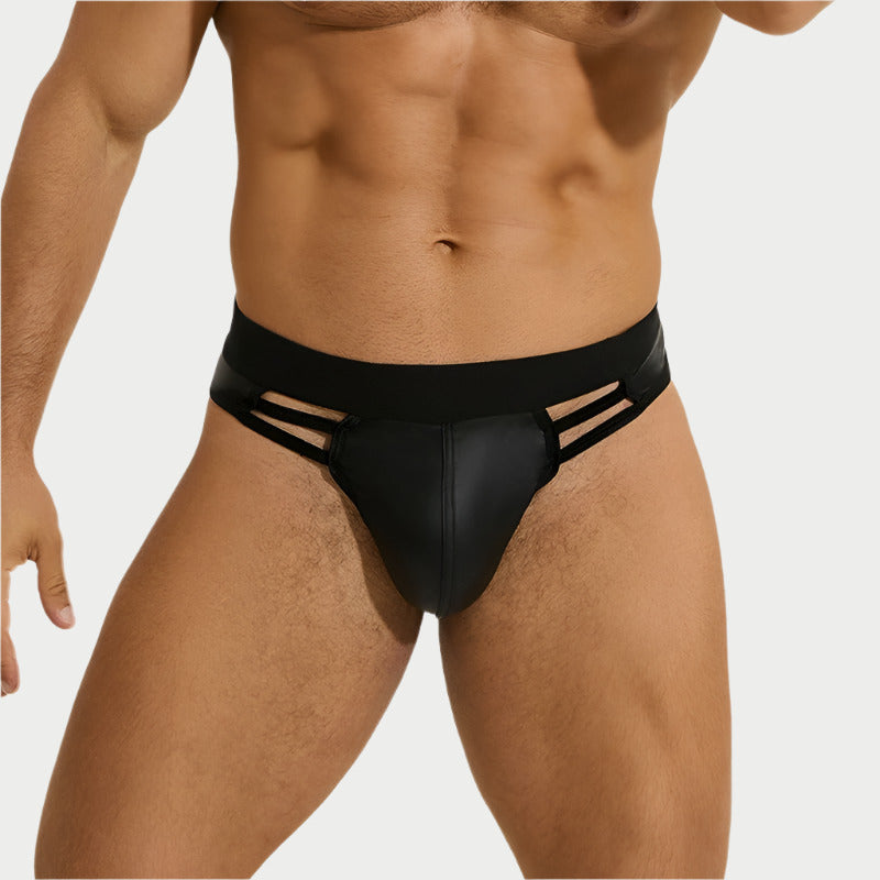 Black men's underwear with cut-out design on a white background