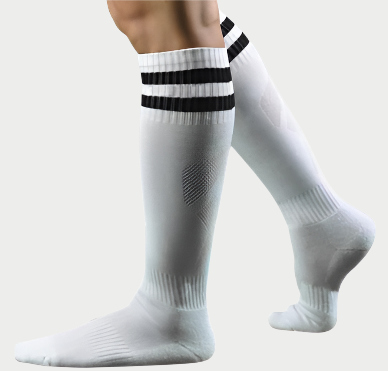 White knee-high socks with black stripes worn by a person on a white background