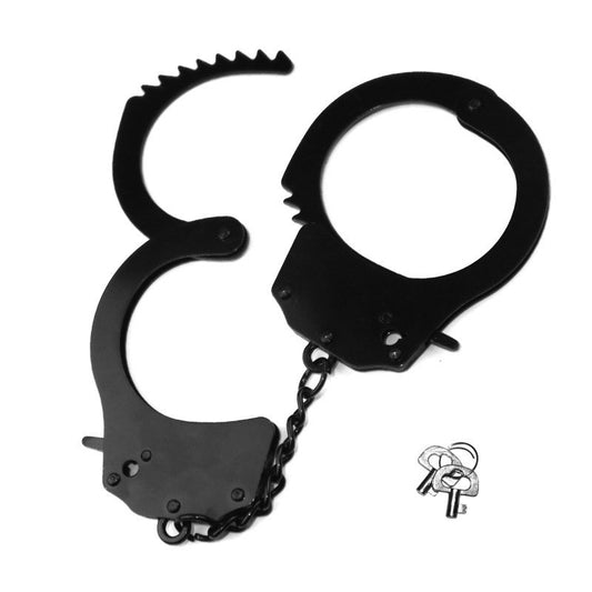 A pair of black handcuffs made from stainless steel, displayed against a white background. The handcuffs are linked by a chain and have a sleek, durable appearance.