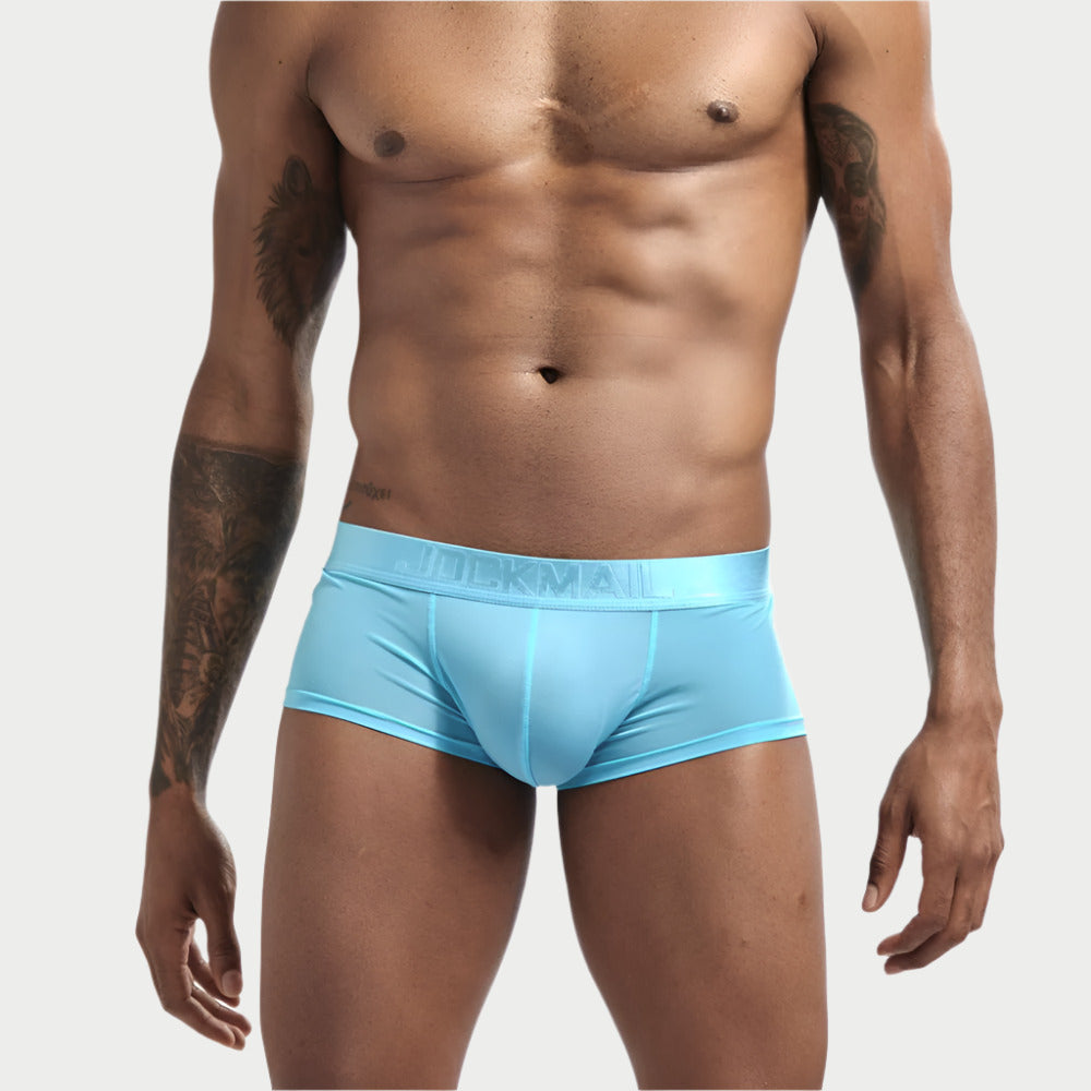 This image features a model wearing transparent silky boxer briefs in a striking blue color. The briefs are designed to provide both comfort and style, emphasized by their smooth texture and the minimalistic design that includes a snug fit and a small blue detail at the waistband.