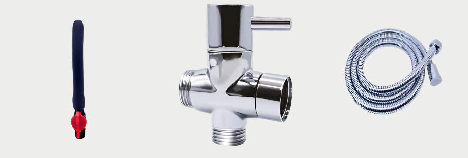 Chrome faucet handle, valve, and hose on a light gray background
