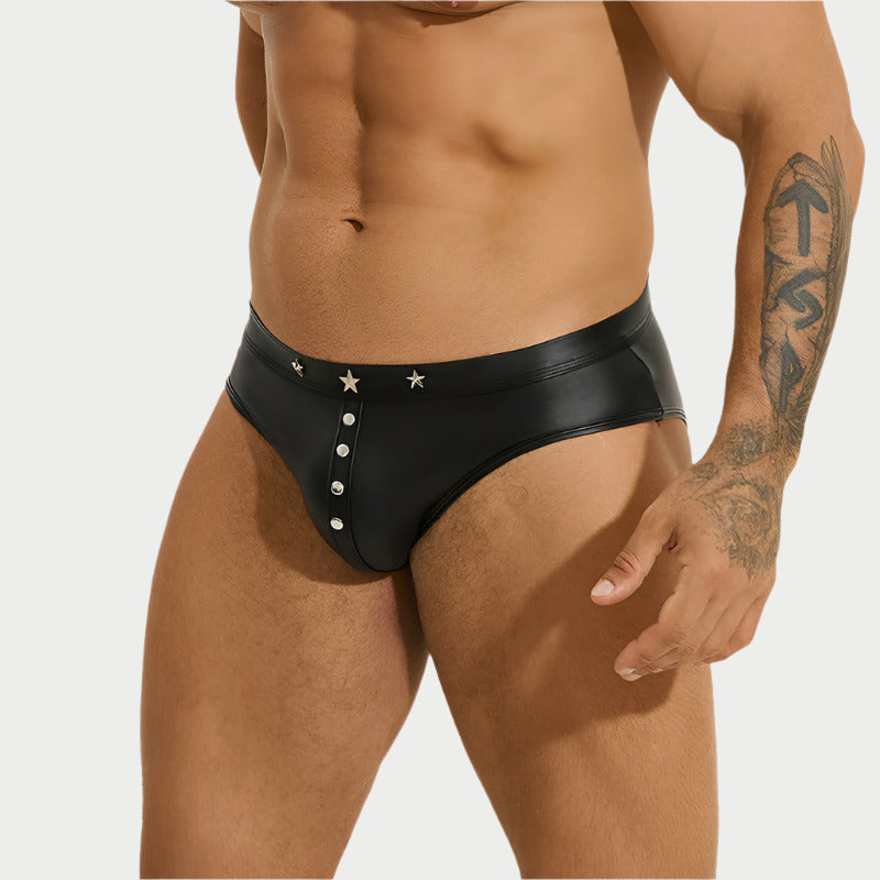 Black men's underwear with star and button details on a white background