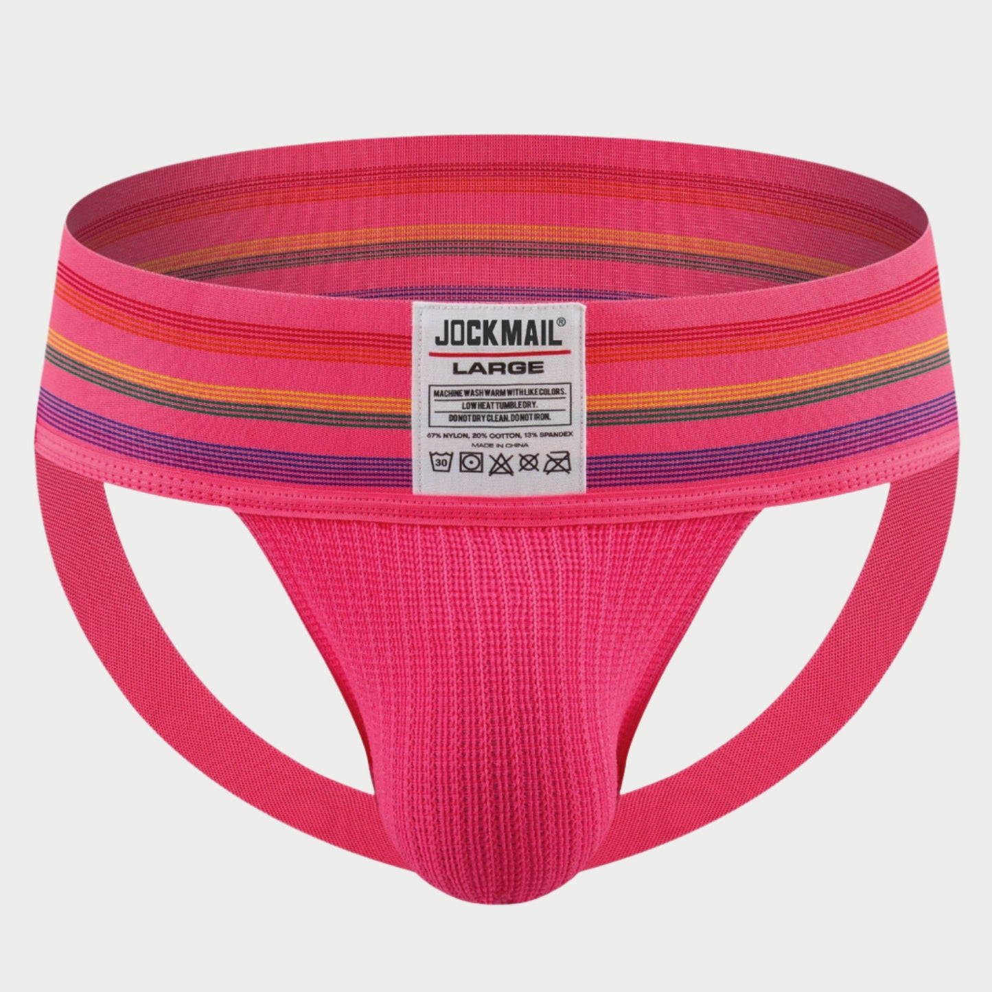A pink jockstrap with multicolored stripes, featuring the Jockmail brand label on the waistband.