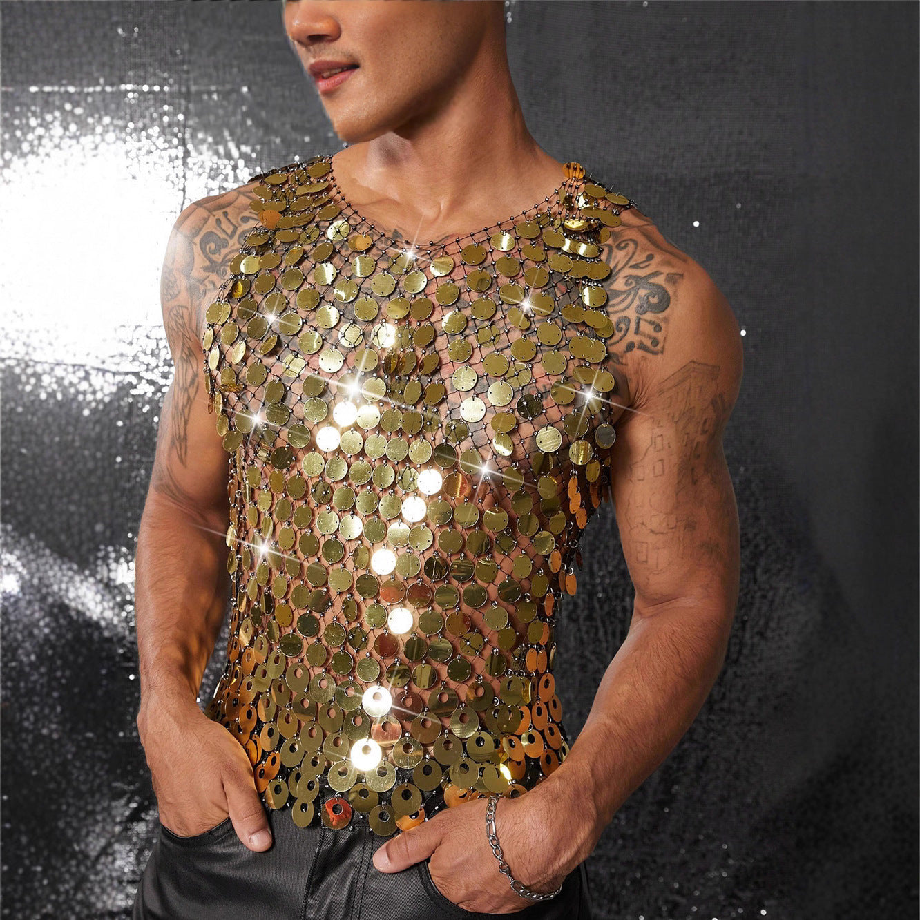 Disco Sequin Rhinestone Mesh Tank
