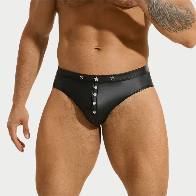 Black men's underwear with star and button details on a white background