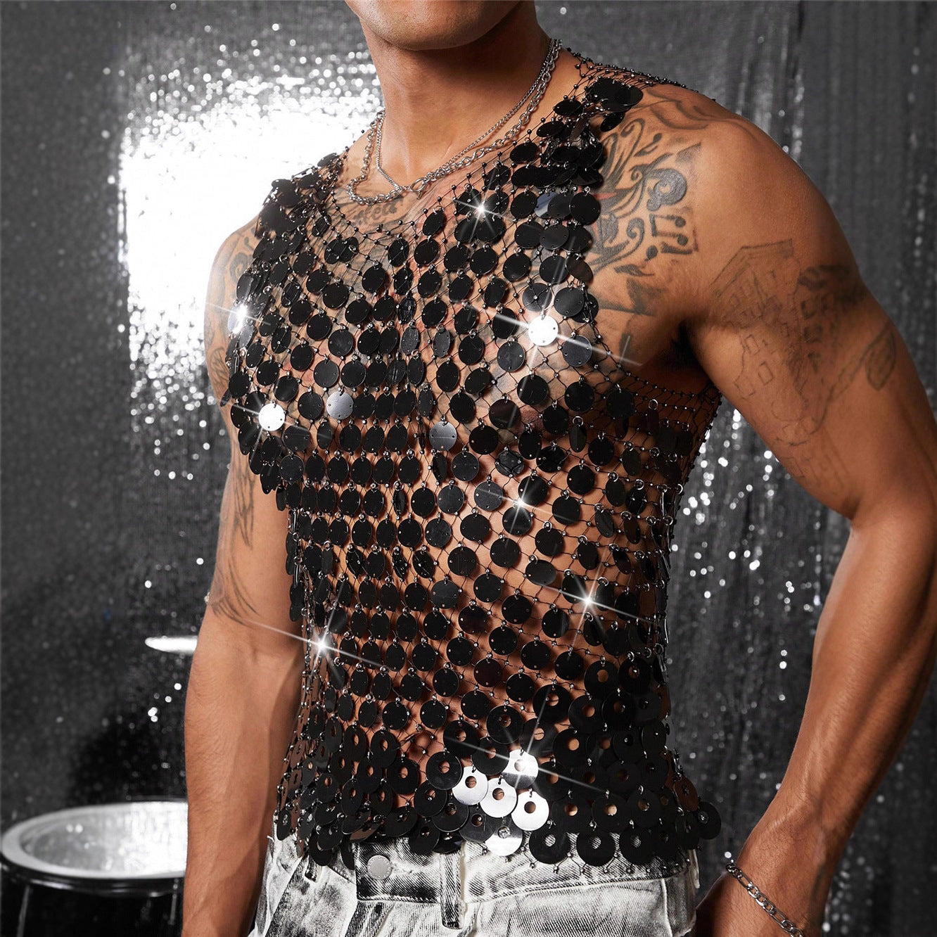 Disco Sequin Rhinestone Mesh Tank