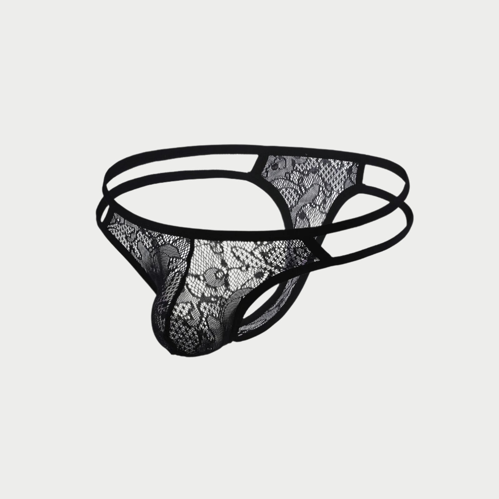 Black lace thong on a white background