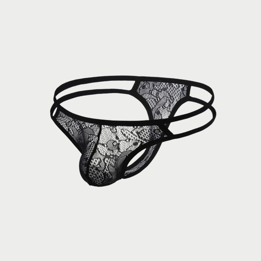 Black lace thong on a white background