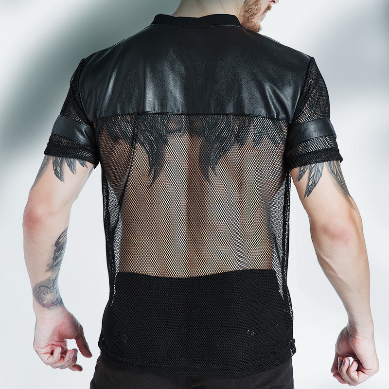 Mesh Leather Football V-Neck Tee