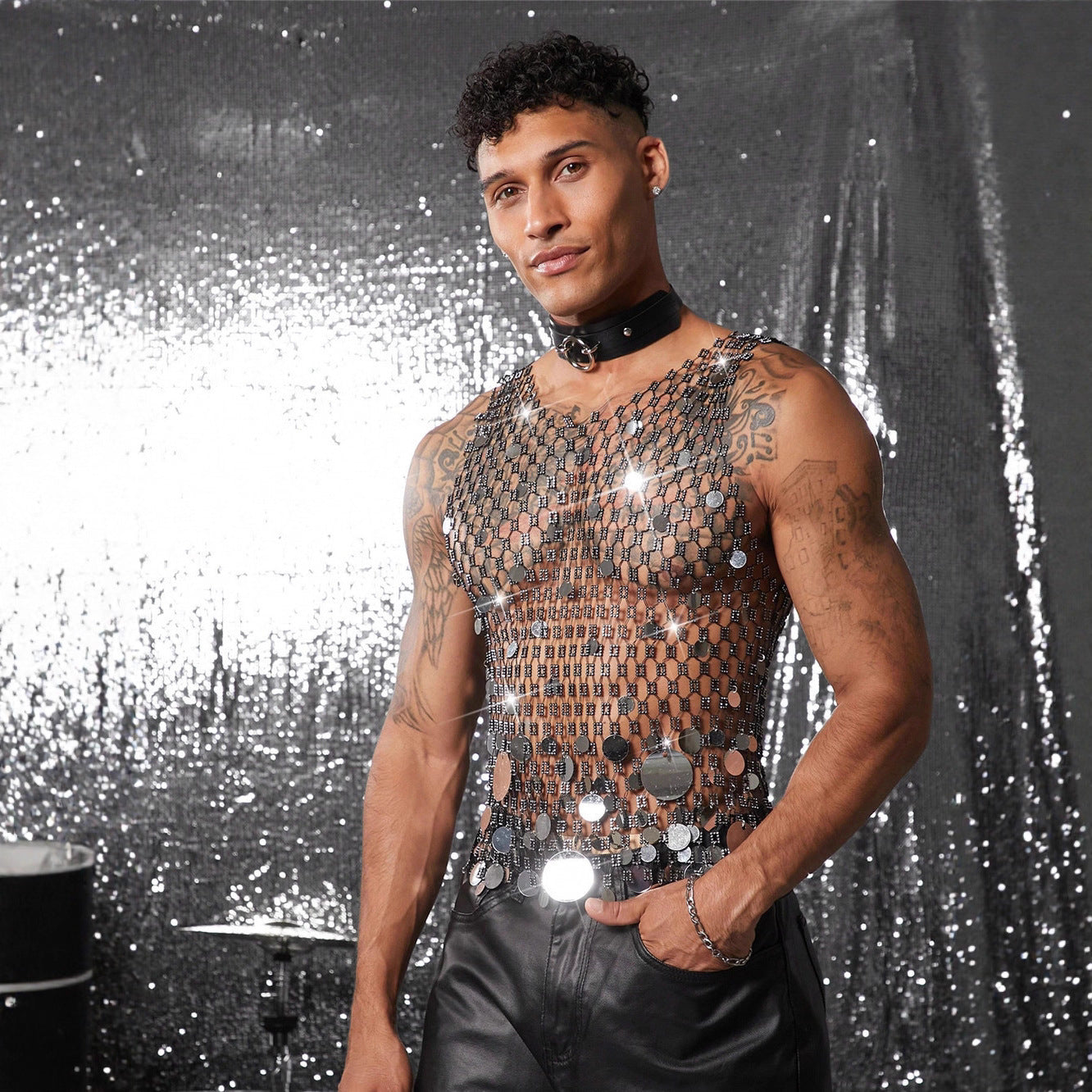 Mirror Sequin Rhinestone Mesh Tank
