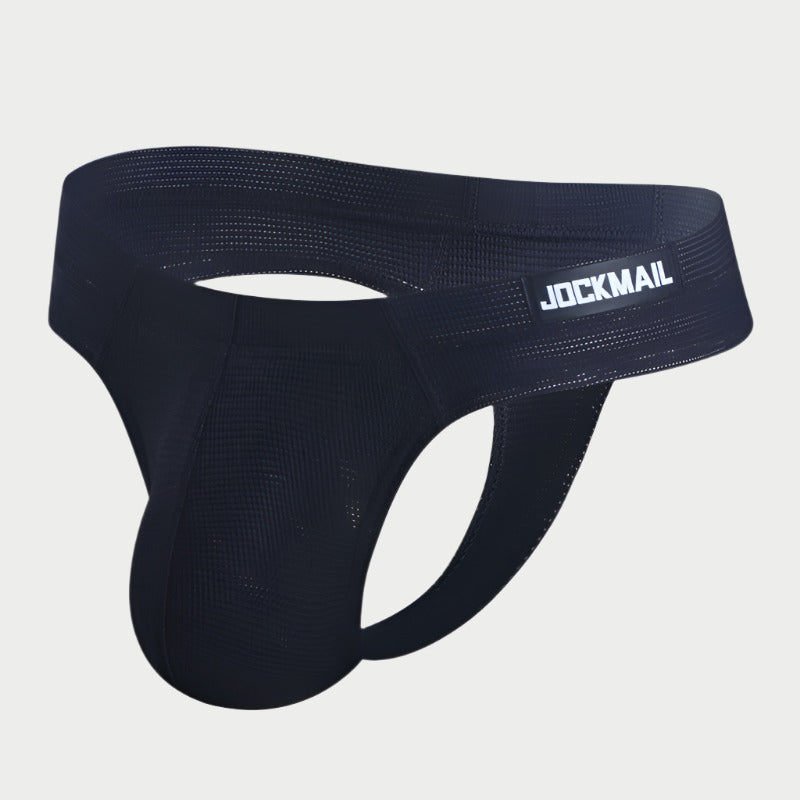 Black thong with 'JOCKMAIL' branding on a light gray background
