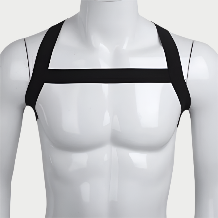 A black elastic harness displayed on a white mannequin torso, with the harness straps positioned diagonally across the torso.