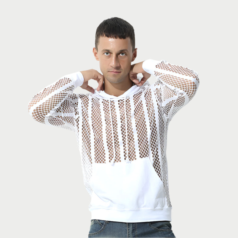 A male model wearing a long sleeve hooded top with a netted design.