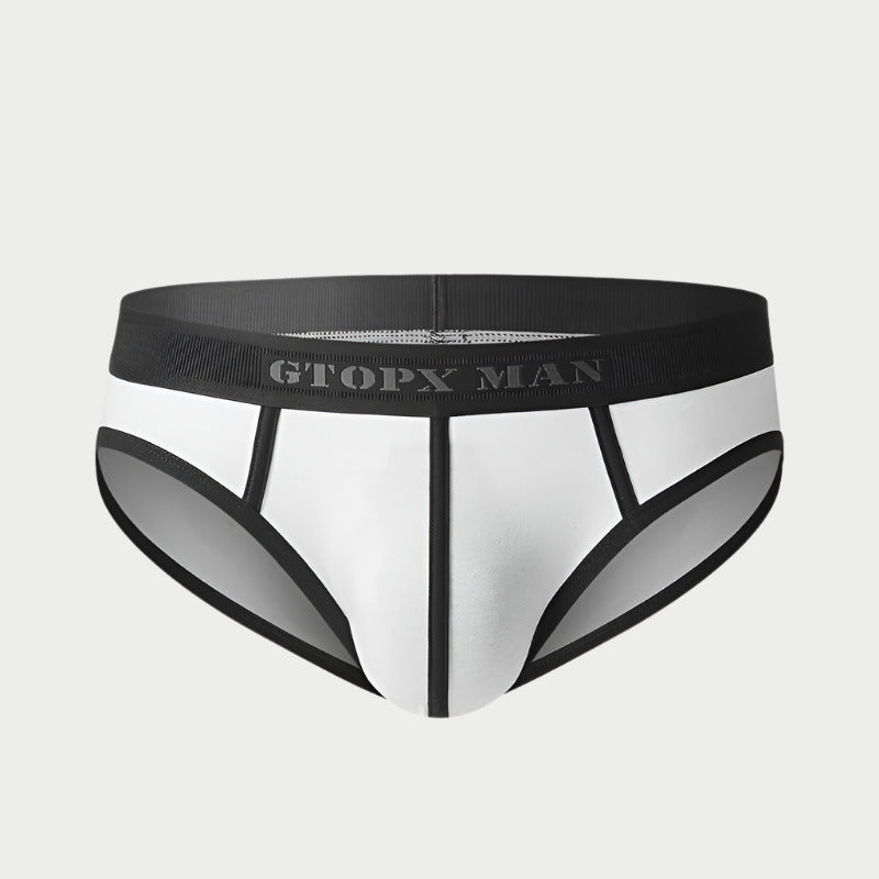 A pair of men's briefs with a white front and black sides and waistband, with the brand name 'GTOPX MAN' on the waistband.